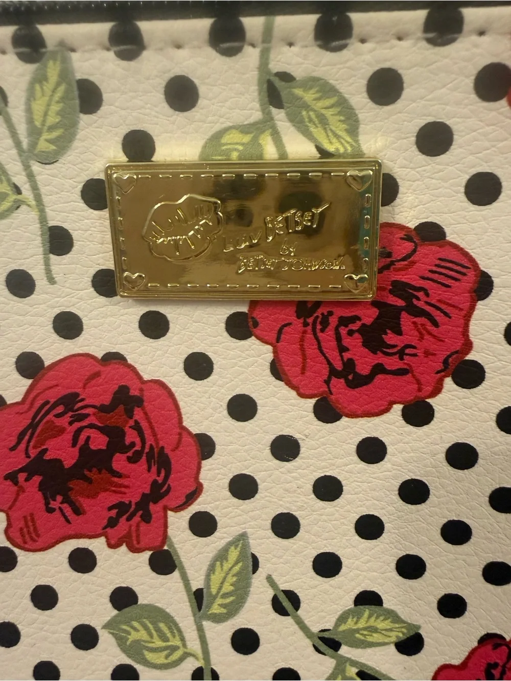 Betsey Johnson White Floral Polka Dot Crossbody Purse with Black Strap